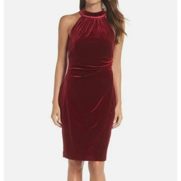 Vince Camuto Red/Burgundy Velvet Draped Ruched Halter Neck Dress NWT 6 - Picture 2 of 11